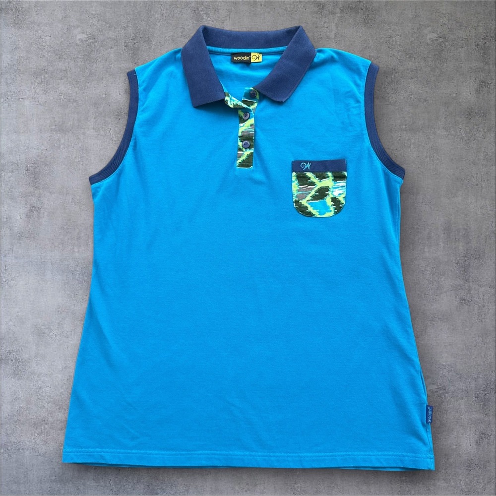 Woodin Sleeveless Polo Shirt Womens XXL Blue Abstract Print Pocket Cotton Blend
